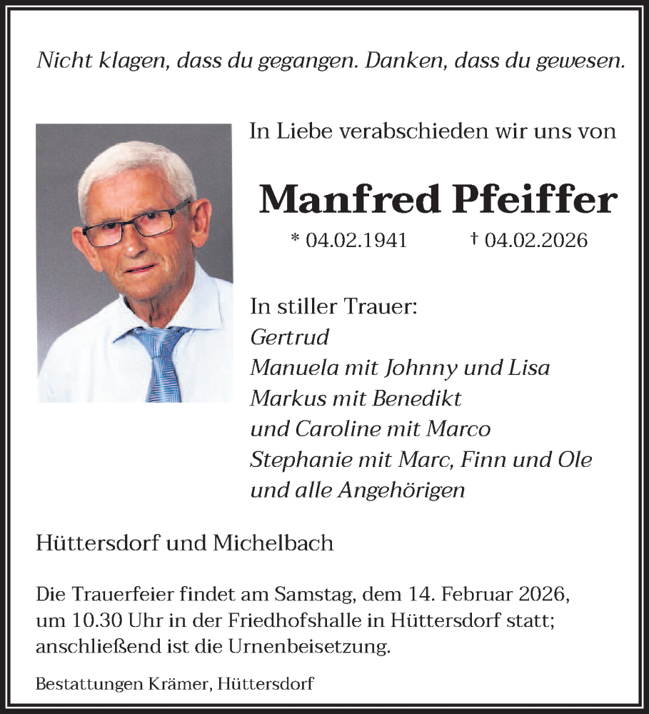  Traueranzeige für Manfred Pfeiffer vom 07.02.2026 aus saarbruecker_zeitung