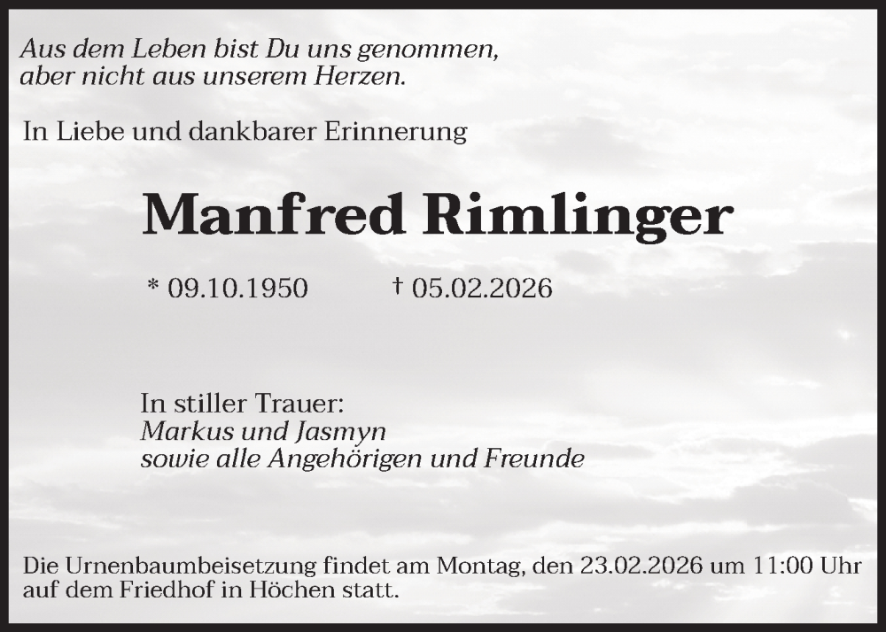  Traueranzeige für Manfred Rimlinger vom 19.02.2026 aus saarbruecker_zeitung