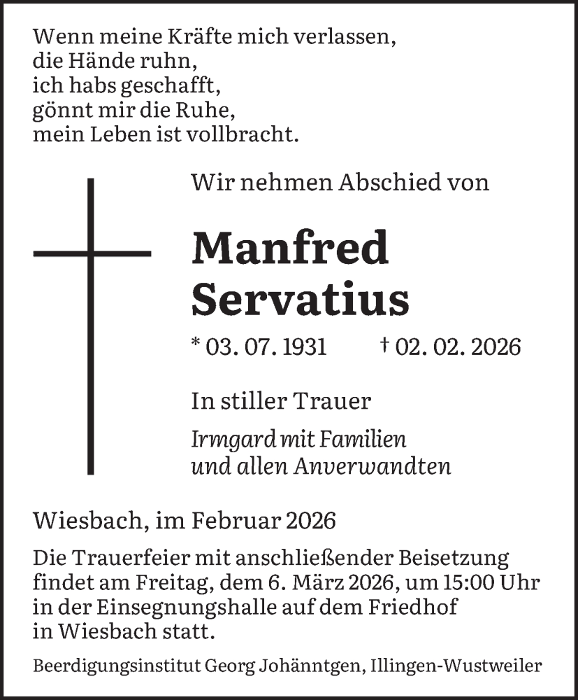  Traueranzeige für Manfred Servatius vom 28.02.2026 aus saarbruecker_zeitung