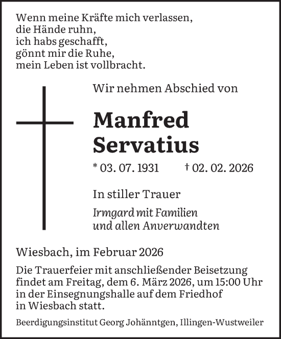 Traueranzeige von Manfred Servatius von saarbruecker_zeitung