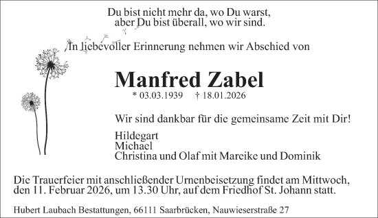 Traueranzeige von Manfred Zabel von saarbruecker_zeitung