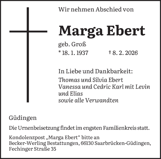 Traueranzeige von Marga Ebert von saarbruecker_zeitung
