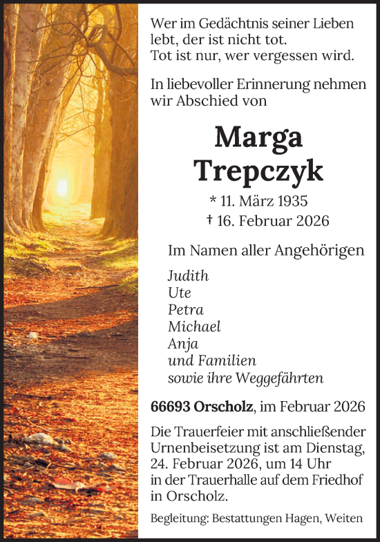 Traueranzeige von Marga Trepczyk von saarbruecker_zeitung
