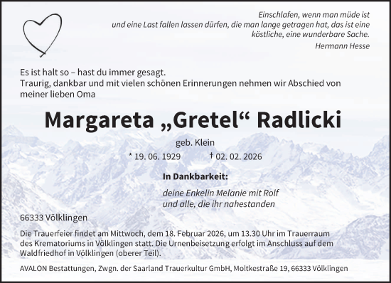 Traueranzeige von Margareta Radlicki von saarbruecker_zeitung