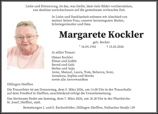 Traueranzeige von Margarete Kockler von saarbruecker_zeitung