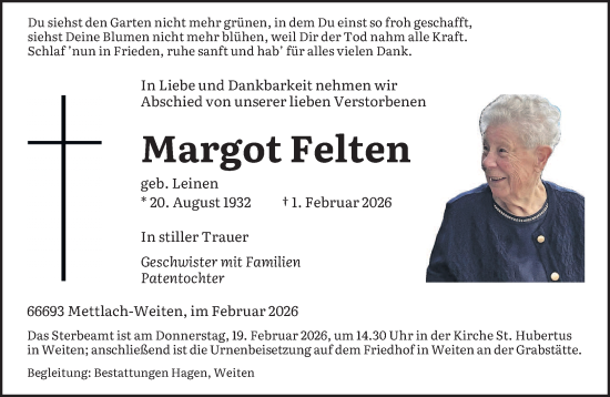 Traueranzeige von Margot Felten von saarbruecker_zeitung