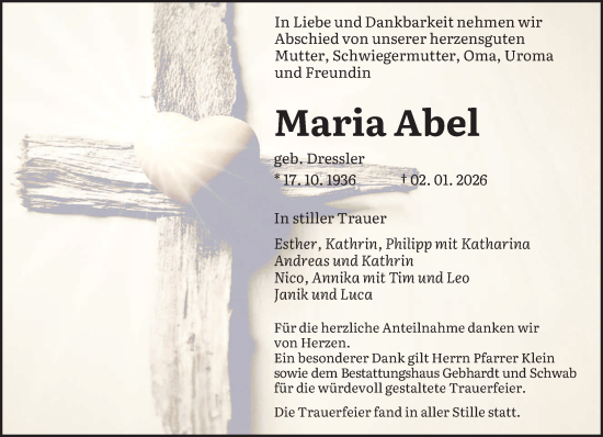 Traueranzeige von Maria Abel von saarbruecker_zeitung