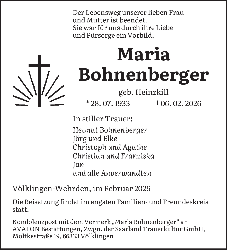  Traueranzeige für Maria Bohnenberger vom 21.02.2026 aus saarbruecker_zeitung