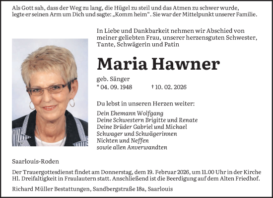 Traueranzeige von Maria Hawner von saarbruecker_zeitung