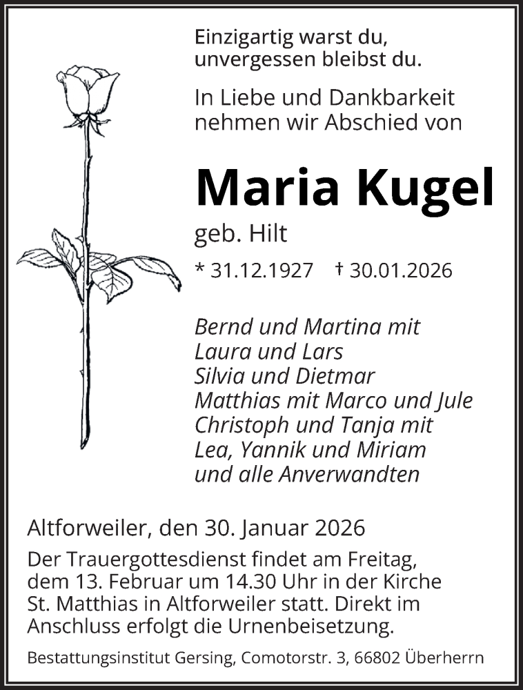  Traueranzeige für Maria Kugel vom 07.02.2026 aus saarbruecker_zeitung