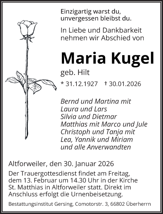 Traueranzeige von Maria Kugel von saarbruecker_zeitung