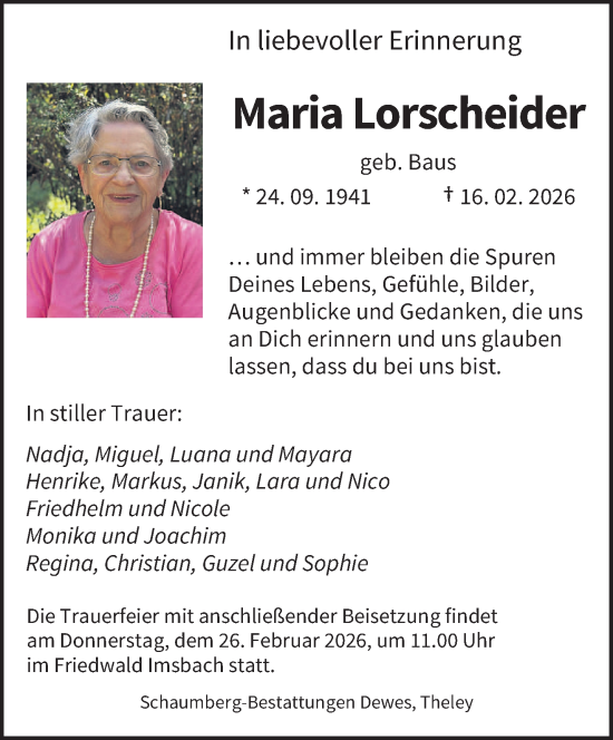 Traueranzeige von Maria Lorscheider von saarbruecker_zeitung