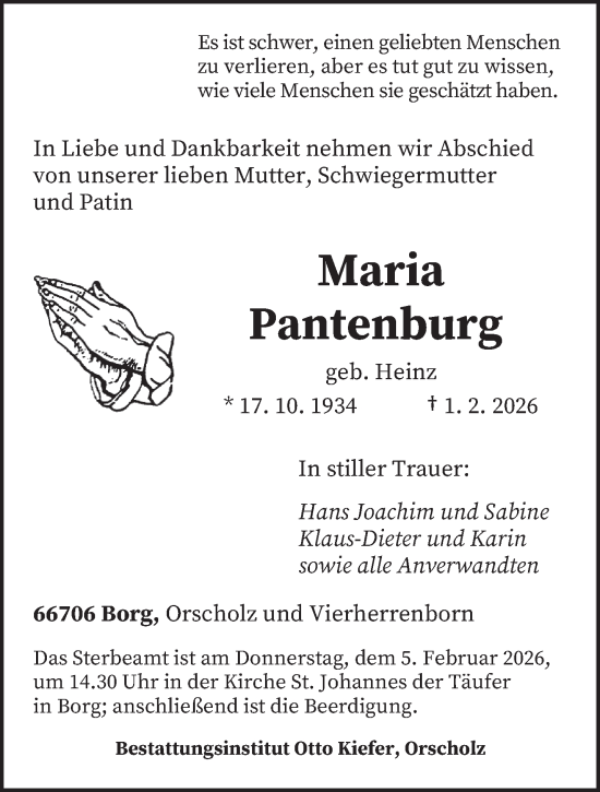 Traueranzeige von Maria Pantenburg von saarbruecker_zeitung