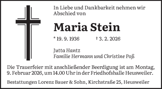 Traueranzeige von Maria Stein von saarbruecker_zeitung