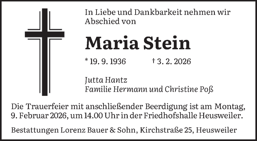  Traueranzeige für Maria Stein vom 07.02.2026 aus saarbruecker_zeitung