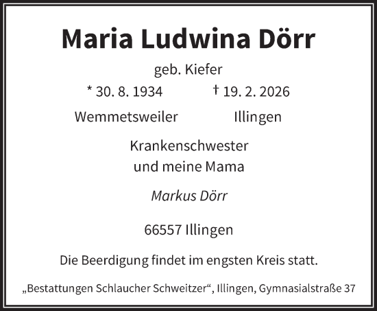 Traueranzeige von Maria Ludwina Dörr von saarbruecker_zeitung