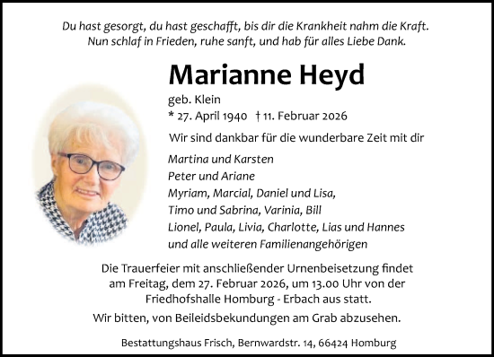 Traueranzeige von Marianne Heyd von saarbruecker_zeitung