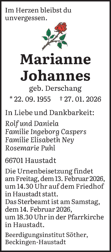  Traueranzeige für Marianne Johannes vom 07.02.2026 aus saarbruecker_zeitung