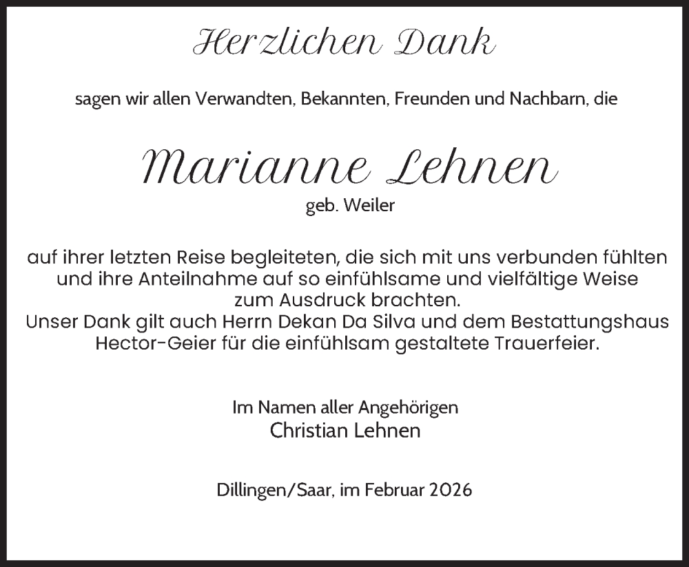  Traueranzeige für Marianne Lehnen vom 28.02.2026 aus saarbruecker_zeitung