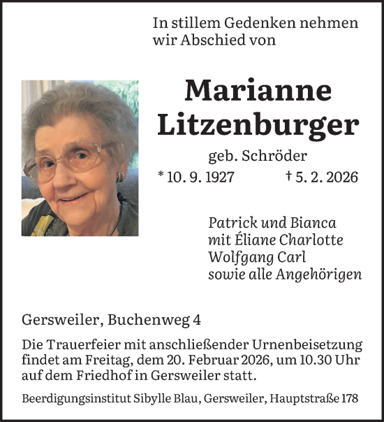 Traueranzeige von Marianne Litzenburger von saarbruecker_zeitung