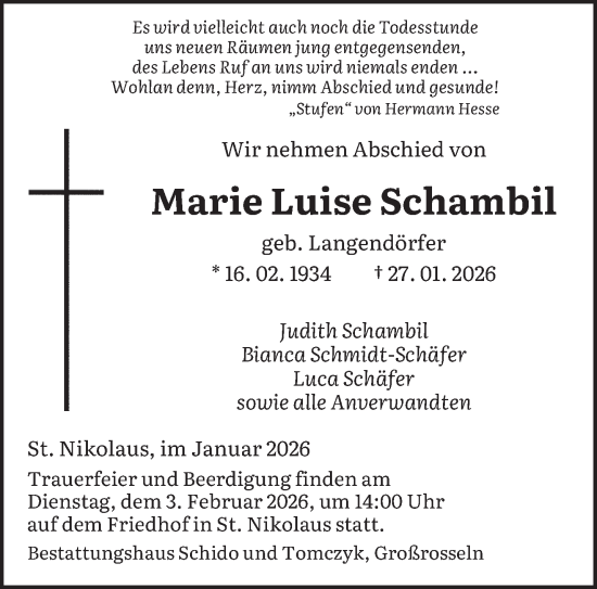 Traueranzeige von Marie Luise Schambil von saarbruecker_zeitung