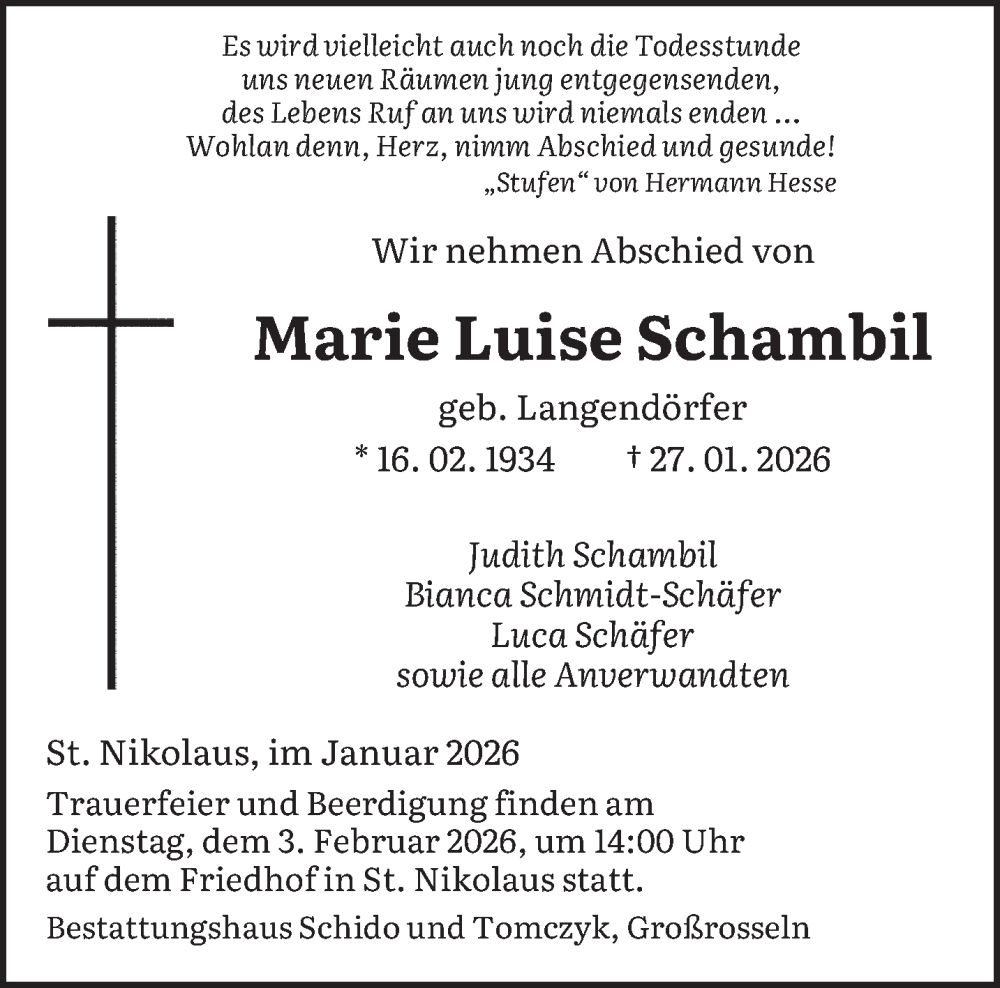  Traueranzeige für Marie Luise Schambil vom 31.01.2026 aus saarbruecker_zeitung