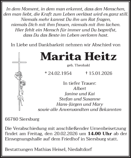 Traueranzeige von Marita Heitz von saarbruecker_zeitung