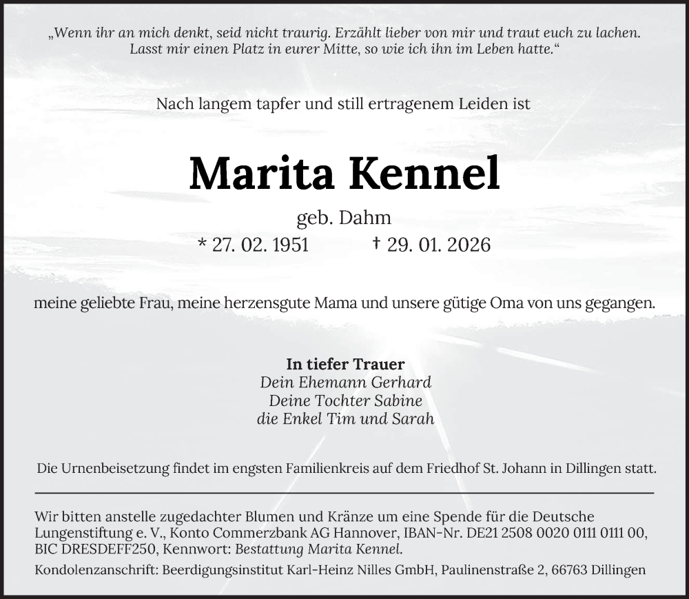  Traueranzeige für Marita Kennel vom 21.02.2026 aus saarbruecker_zeitung