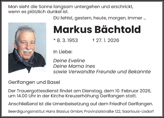 Traueranzeige von Markus Bächtold von saarbruecker_zeitung