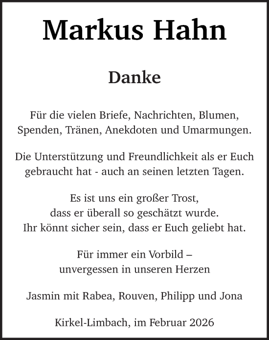 Traueranzeige von Markus Hahn von saarbruecker_zeitung