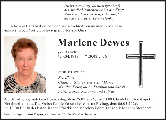 Traueranzeige von Marlene Dewes von saarbruecker_zeitung