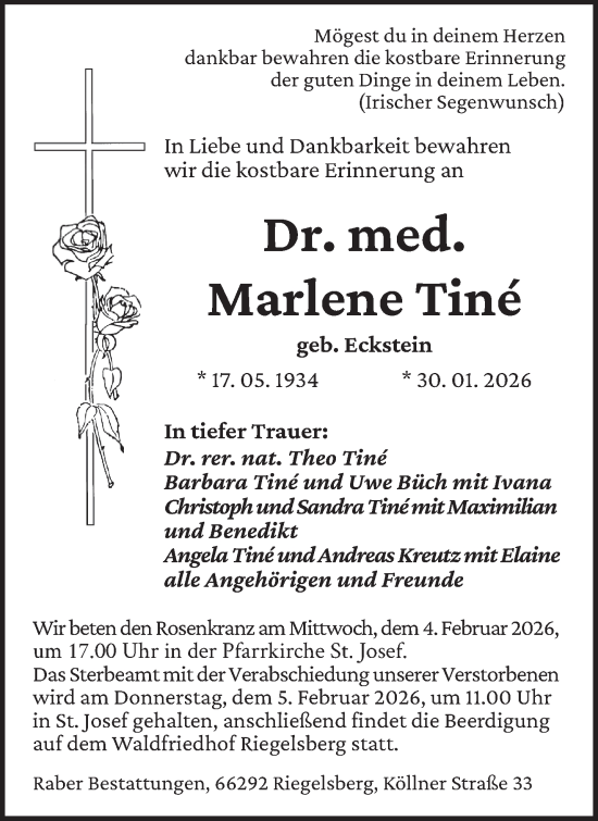Traueranzeige von Marlene Tiné von saarbruecker_zeitung
