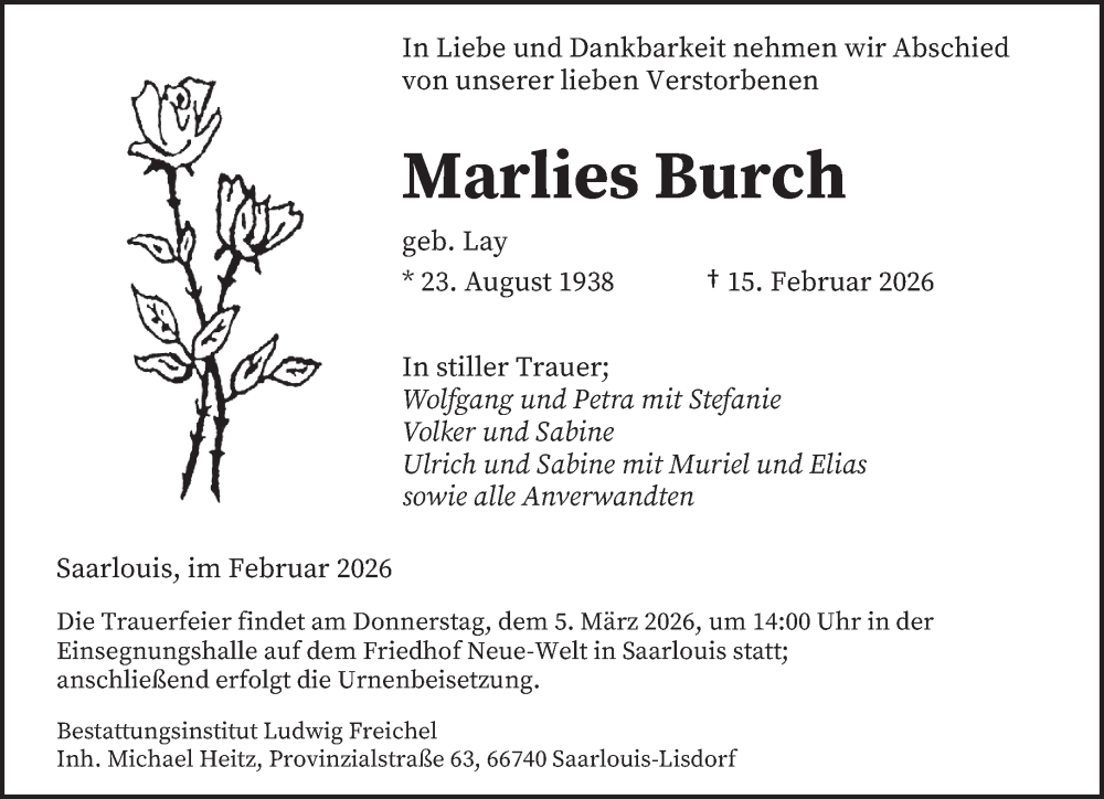  Traueranzeige für Marlies Burch vom 28.02.2026 aus saarbruecker_zeitung
