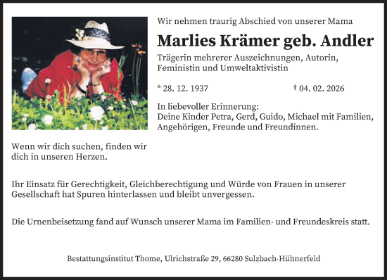 Traueranzeige von Marlies Krämer von saarbruecker_zeitung
