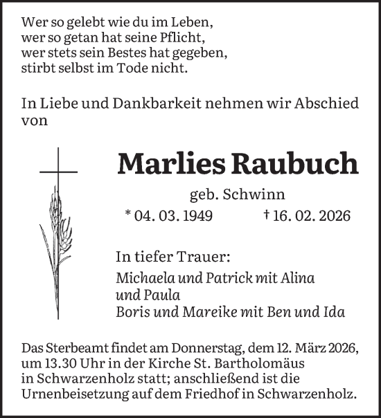 Traueranzeige von Marlies Raubuch von saarbruecker_zeitung