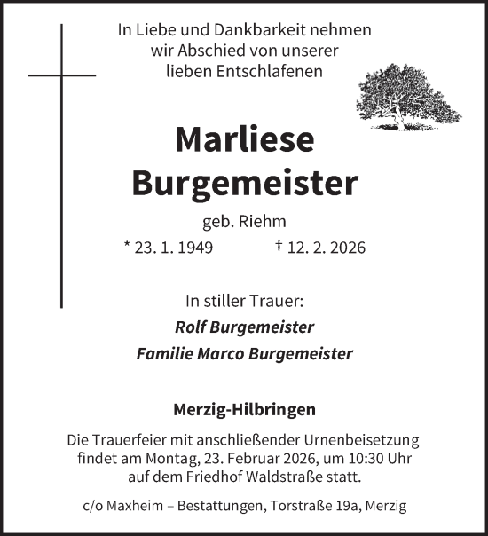 Traueranzeige von Marliese Burgemeister von saarbruecker_zeitung