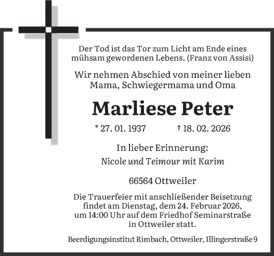 Traueranzeige von Marliese Peter von saarbruecker_zeitung