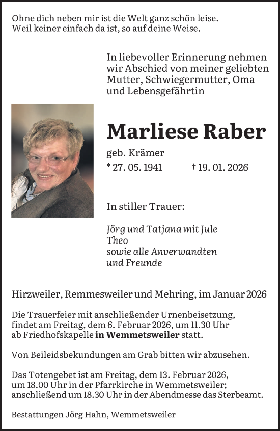 Traueranzeige von Marliese Raber von saarbruecker_zeitung