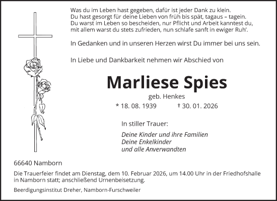 Traueranzeige von Marliese Spies von saarbruecker_zeitung