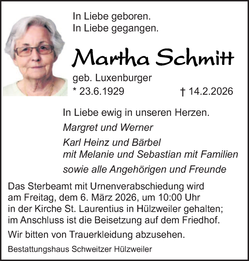  Traueranzeige für Martha Schmitt vom 28.02.2026 aus saarbruecker_zeitung