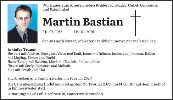 Traueranzeige von Martin Bastian von saarbruecker_zeitung