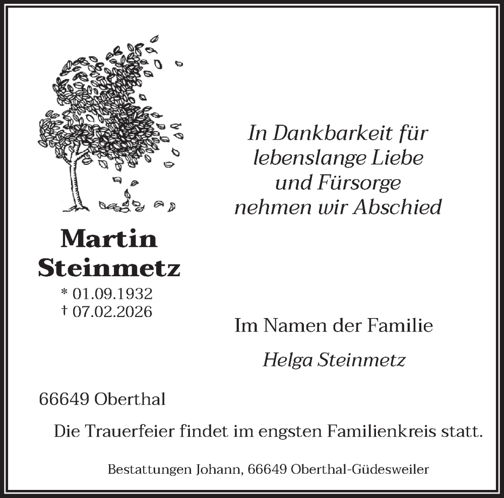  Traueranzeige für Martin Steinmetz vom 26.02.2026 aus saarbruecker_zeitung
