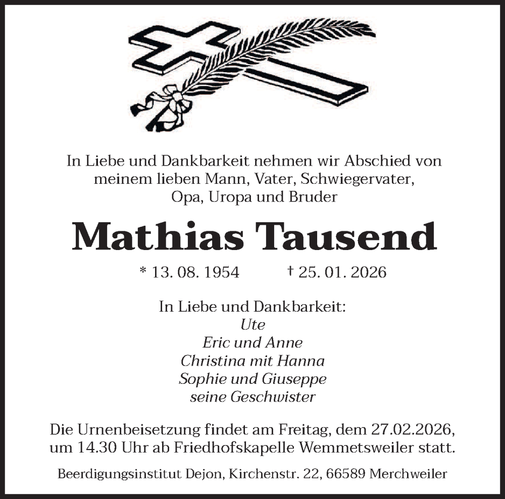  Traueranzeige für Mathias Tausend vom 21.02.2026 aus saarbruecker_zeitung