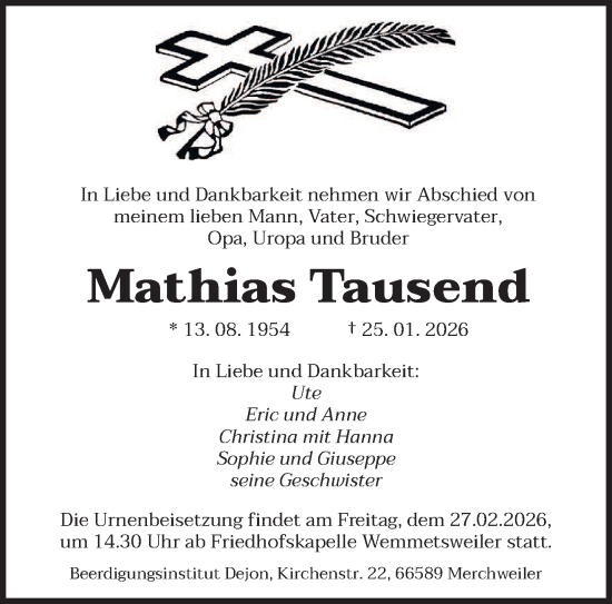 Traueranzeige von Mathias Tausend von saarbruecker_zeitung