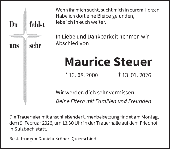 Traueranzeige von Maurice Steuer von saarbruecker_zeitung
