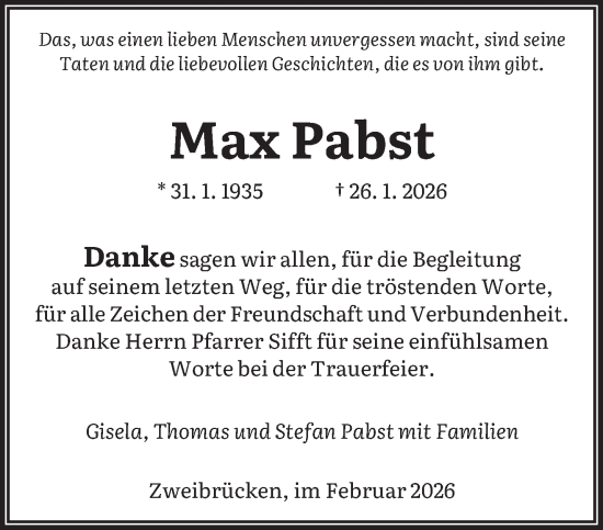 Traueranzeige von Max Pabst von saarbruecker_zeitung