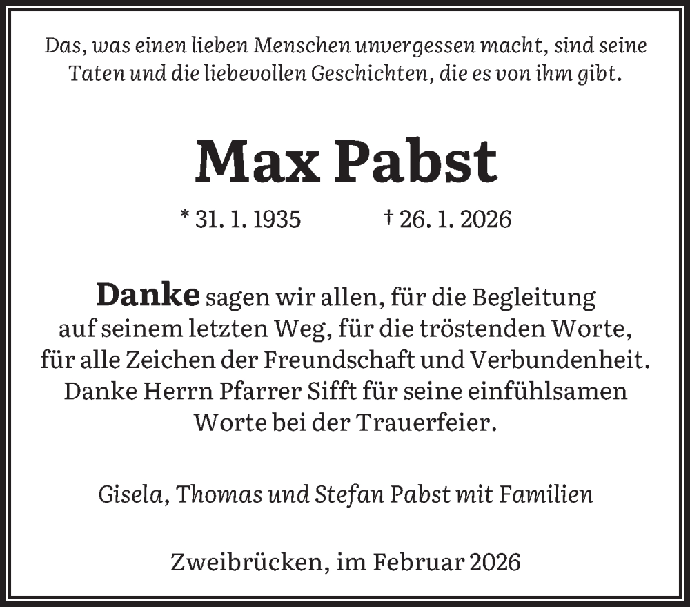  Traueranzeige für Max Pabst vom 28.02.2026 aus saarbruecker_zeitung
