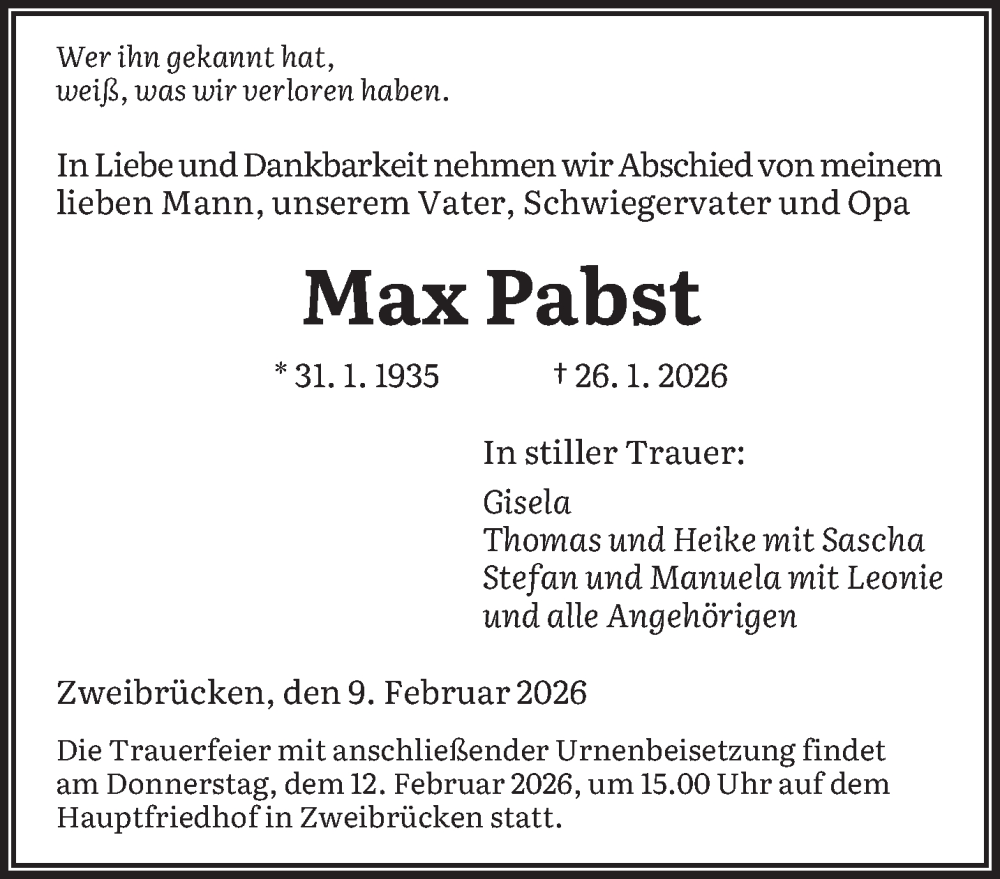  Traueranzeige für Max Pabst vom 09.02.2026 aus saarbruecker_zeitung