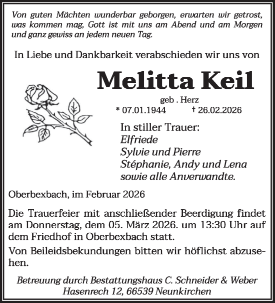 Traueranzeige von Melitta Keil von saarbruecker_zeitung