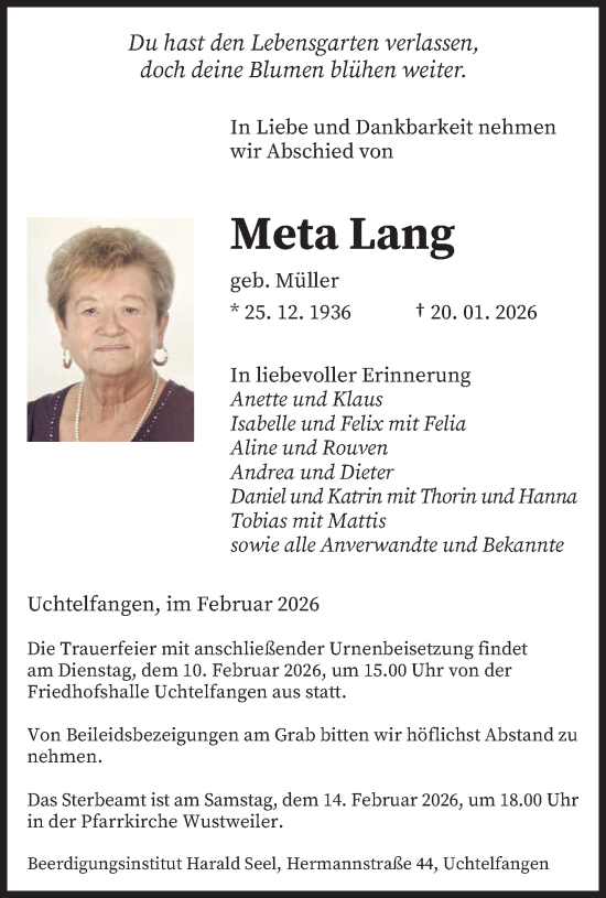 Traueranzeige von Meta Lang von saarbruecker_zeitung